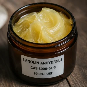 Anhydrous lanolin CAS 8006-54-0, 99.9% pure pale-yellow ointment texture in amber jar, pharma and cosmetic grade