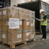 ascorbyl-glucoside-cas-129499-78-1-pallet-container-loading-export-china Stretch-wrapped ascorbyl glucoside CAS 129499-78-1 pallet, worker checking shipping docs, made in China, batch traceable