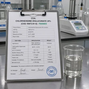 COA of chlorhexidine digluconate 20% CAS 18472-51-0, assay 20.3%, QC PASSED stamp, clear liquid in beaker for medical and oral use