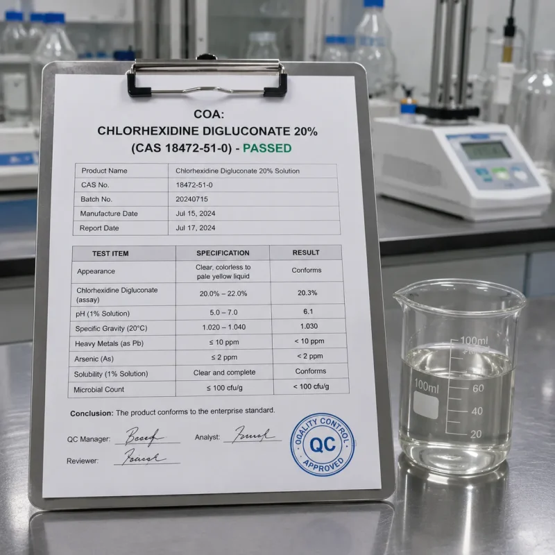 COA of chlorhexidine digluconate 20% CAS 18472-51-0, assay 20.3%, QC PASSED stamp, clear liquid in beaker for medical and oral use