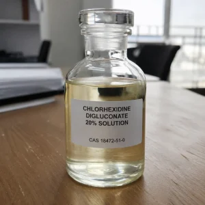 Chlorhexidine digluconate 20% solution CAS 18472-51-0, clear pale yellow liquid in glass reagent bottle, antiseptic raw material