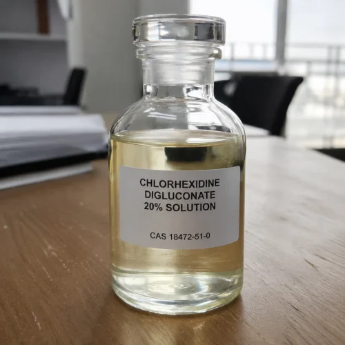 chlorhexidine-digluconate-20-solution-cas-18472-51-0-pale-yellow-liquid Chlorhexidine digluconate 20% solution CAS 18472-51-0, clear pale yellow liquid in glass reagent bottle, antiseptic raw material