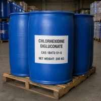 Chlorhexidine digluconate CAS 18472-51-0 in 200kg blue plastic drums on pallet, bulk antiseptic stock for oral care and disinfection