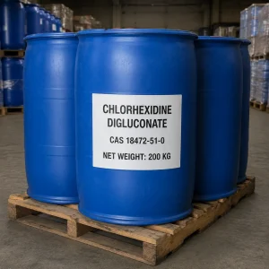 Chlorhexidine digluconate CAS 18472-51-0 in 200kg blue plastic drums on pallet, bulk antiseptic stock for oral care and disinfection