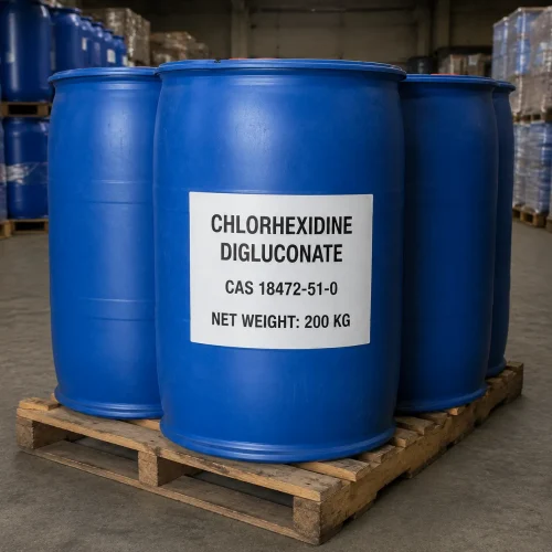 chlorhexidine-digluconate-200kg-plastic-drum-bulk-antiseptic-stock Chlorhexidine digluconate CAS 18472-51-0 in 200kg blue plastic drums on pallet, bulk antiseptic stock for oral care and disinfection