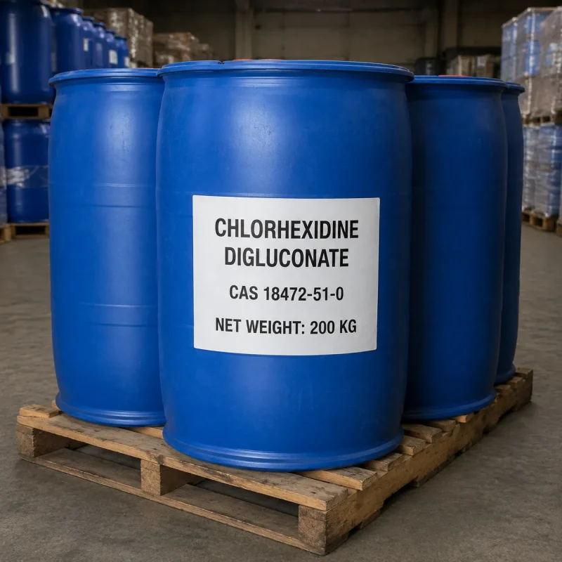 Chlorhexidine digluconate CAS 18472-51-0 in 200kg blue plastic drums on pallet, bulk antiseptic stock for oral care and disinfection