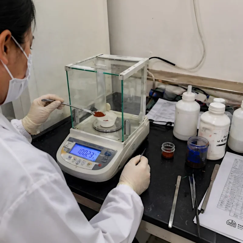ferrous-fumarate-cas-141-01-5-qc-weighing-analytical-balance-lab-testing QC technician weighing ferrous fumarate CAS 141-01-5 on analytical balance, lab testing and batch release, GMP quality control