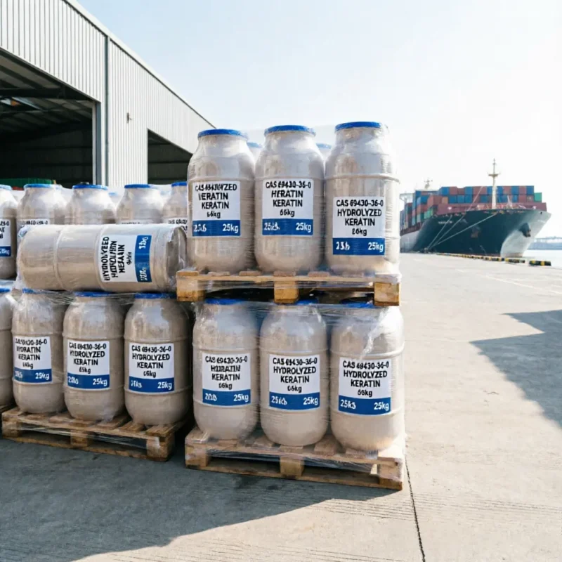 hydrolyzed-keratin-25kg-drum-bulk-export-packaging-port-shipment Hydrolyzed keratin CAS 69430-36-0 packed in 25kg drums on pallets, ready for bulk export shipment at port, wholesale supplier