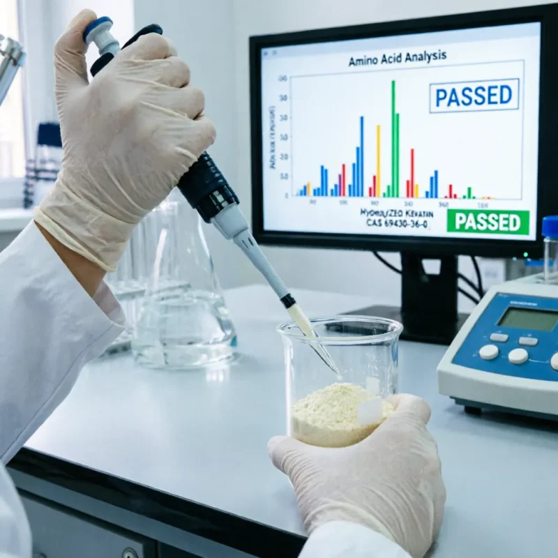 hydrolyzed-keratin-cas-69430-36-0-amino-acid-analysis-quality-test Lab quality control of hydrolyzed keratin CAS 69430-36-0, amino acid analysis chart marked PASSED on monitor during testing