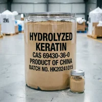 hydrolyzed-keratin-cas-69430-36-0-powder-bulk-drum-sample Hydrolyzed keratin CAS 69430-36-0 light brown powder in bulk drum with sample jar, product of China, batch HK20241015