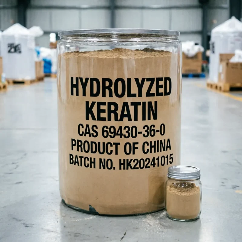 hydrolyzed-keratin-cas-69430-36-0-powder-bulk-drum-sample Hydrolyzed keratin CAS 69430-36-0 light brown powder in bulk drum with sample jar, product of China, batch HK20241015