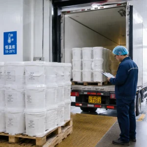 Lanolin CAS 8006-54-0 pails in 15-25C temperature-controlled warehouse, worker inspecting shipment, made in China