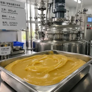 Lanolin oil-phase melting in ointment and skincare formulation workshop, stainless reactor, tocopheryl acetate antioxidant, batch traceable