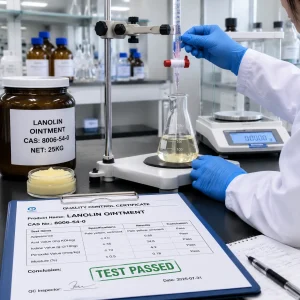 QC certificate of lanolin CAS 8006-54-0, acid/iodine/peroxide value and moisture tested, TEST PASSED, pharma-grade lanolin