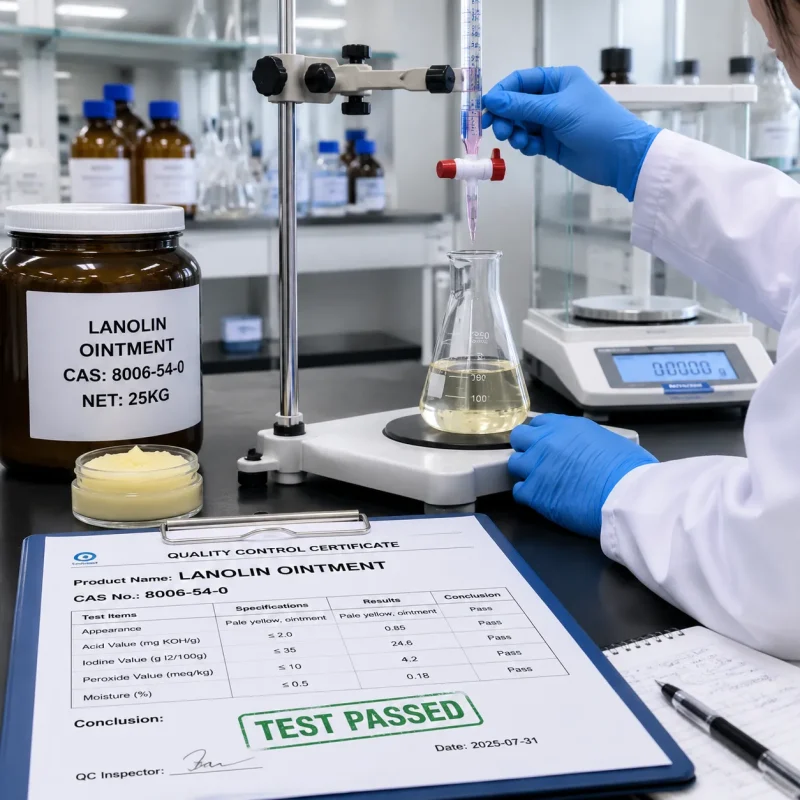 QC certificate of lanolin CAS 8006-54-0, acid/iodine/peroxide value and moisture tested, TEST PASSED, pharma-grade lanolin
