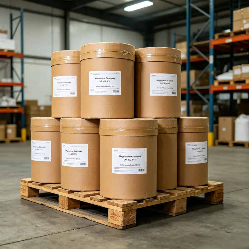 magnesium-gluconate-cas-3632-91-5-fiber-drum-pallet-bulk-warehouse-stock Magnesium gluconate CAS 3632-91-5 fiber drums palletized in warehouse, bulk food and pharmaceutical grade magnesium supplement stock
