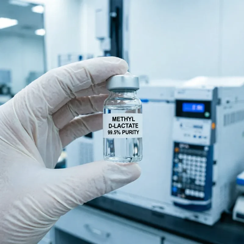 Gloved hand holding methyl D-lactate 99.5% purity sample vial, clear liquid, with GC analyzer in lab background