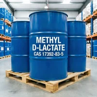 methyl-d-lactate-cas-17392-83-5-blue-drum-warehouse-storage Methyl D-lactate CAS 17392-83-5 stored in blue industrial drums on wooden pallet inside chemical warehouse, bulk stock