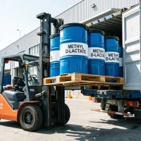 methyl-d-lactate-drum-forklift-container-loading-export-shipment Forklift loading methyl D-lactate drums on pallet into container for export shipment, wholesale bulk supplier worldwide