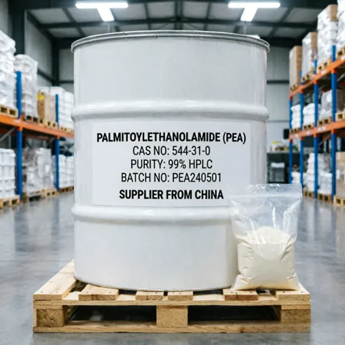 palmitoylethanolamide-pea-cas-544-31-0-bulk-drum-25kg-supplier-china 25 kg steel drum of palmitoylethanolamide PEA CAS 544-31-0 with a sample bag of white powder, bulk packaging from a China supplier