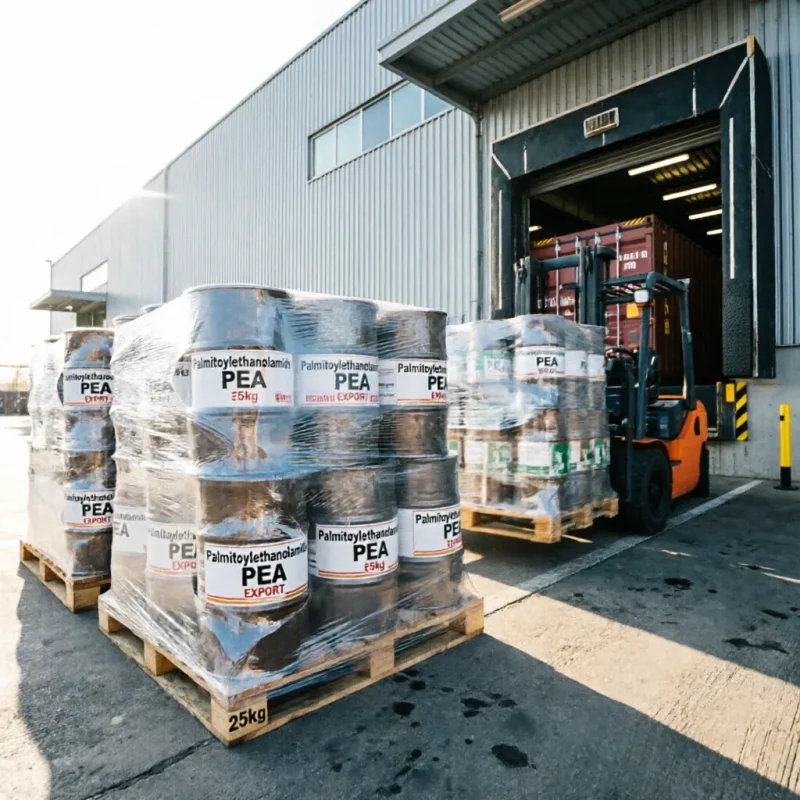 palmitoylethanolamide-pea-export-pallets-container-loading-forklift-bulk-shipment Pallets of palmitoylethanolamide PEA drums wrapped in stretch film being loaded into a container by forklift, showing bulk export shipment capability from China