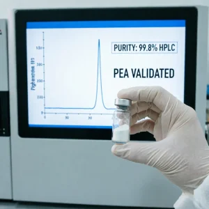 palmitoylethanolamide-pea-purity-99-percent-hplc-chromatogram-quality-test A gloved hand holding a vial of palmitoylethanolamide PEA powder in front of an HPLC screen showing 99.8 percent purity, demonstrating third-party quality validation