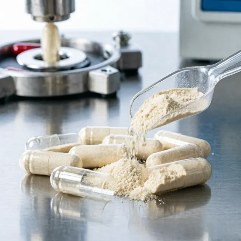 pea-palmitoylethanolamide-powder-for-capsules-dietary-supplement-manufacturing Palmitoylethanolamide PEA powder being scooped into transparent capsules, illustrating its use in dietary supplement and nutraceutical manufacturing