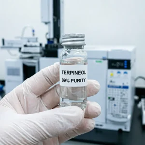 Gloved hand holding terpineol 99% purity (alpha-terpineol) sample vial, clear liquid, GC analyzer in lab background