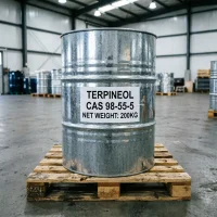 terpineol-cas-98-55-5-200kg-galvanized-drum-warehouse-stock Terpineol CAS 98-55-5 in 200kg galvanized steel drum on wooden pallet, bulk warehouse stock for fragrance and solvent use