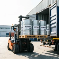 terpineol-drum-forklift-container-loading-export-shipment Forklift loading terpineol CAS 98-55-5 drums into container for export, wholesale supplier for flotation and cleaning agents