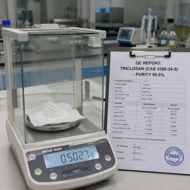 QC report of triclosan CAS 3380-34-5, HPLC purity 99.5%, PASS stamp, powder on analytical balance for oral care and institutional use