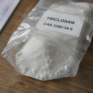 Triclosan CAS 3380-34-5 white crystalline powder sample in ziplock bag, free sample available for formulation testing