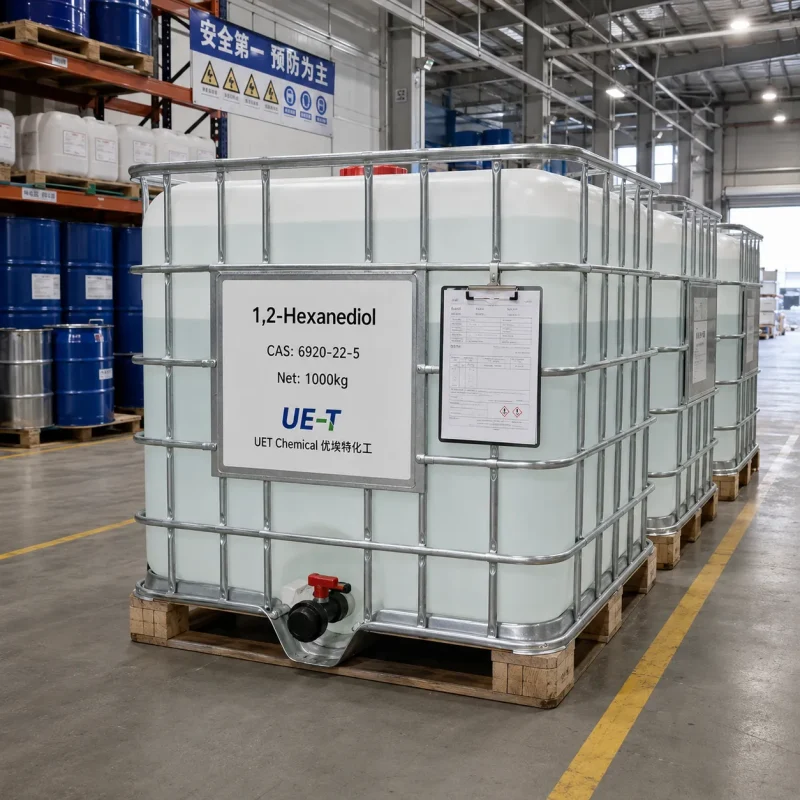 1-2-hexanediol-cas-6920-22-5-1000kg-ibc-tote-bulk 1000 kg IBC totes of 1,2-Hexanediol (CAS 6920-22-5) with batch COA clipboard, ready for bulk shipment at UET Chemical warehouse