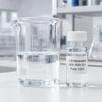1-2-hexanediol-cas-6920-22-5-high-purity-liquid-sample Clear, colorless 1,2-Hexanediol liquid (CAS 6920-22-5) in a laboratory beaker beside a ≥99% purity sample vial