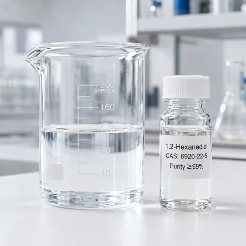 Clear, colorless 1,2-Hexanediol liquid (CAS 6920-22-5) in a laboratory beaker beside a ≥99% purity sample vial