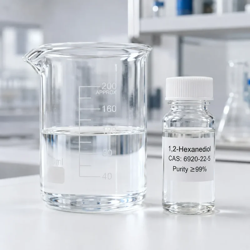 1-2-hexanediol-cas-6920-22-5-high-purity-liquid-sample Clear, colorless 1,2-Hexanediol liquid (CAS 6920-22-5) in a laboratory beaker beside a ≥99% purity sample vial