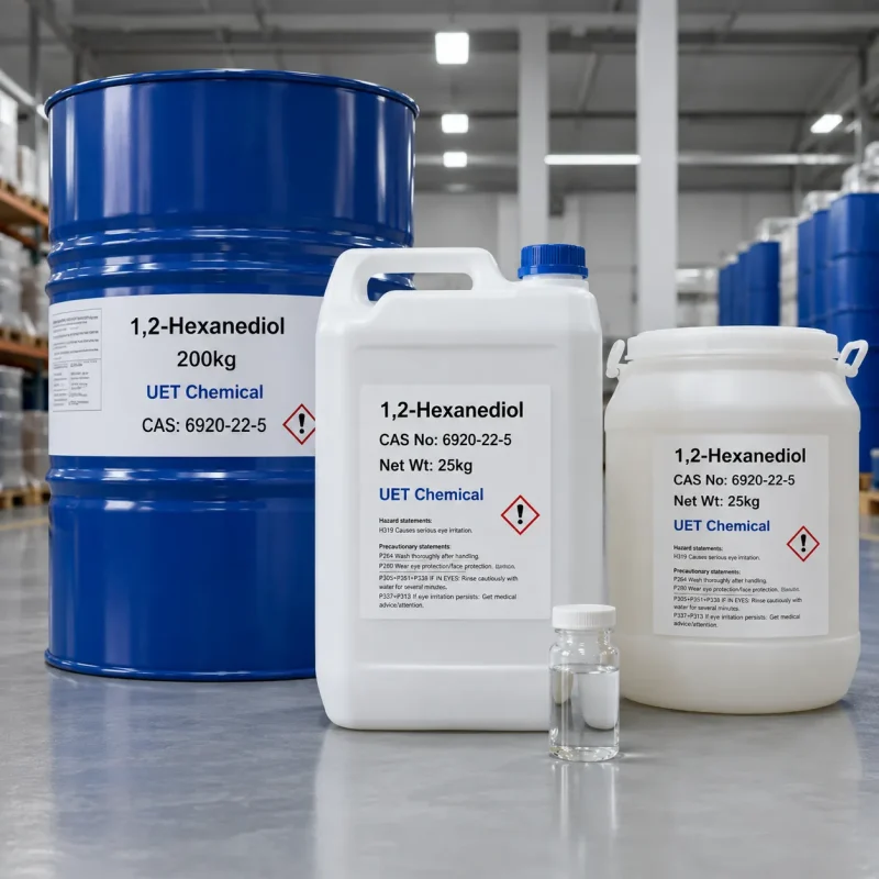 1-2-hexanediol-cas-6920-22-5-packaging-200kg-drum-25kg UET Chemical 1,2-Hexanediol (CAS 6920-22-5) packaging options: 200 kg steel drum, 25 kg HDPE can and drum with GHS labels