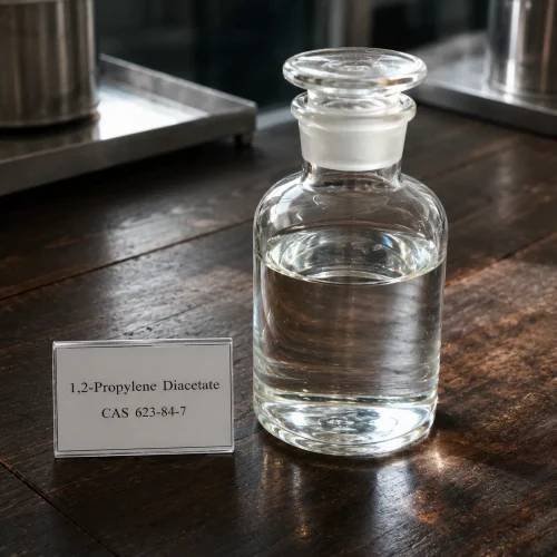 1-2-propylene-diacetate-cas-623-84-7-clear-liquid-sample-glass-bottle Clear colorless liquid sample of 1,2-Propylene Diacetate CAS 623-84-7 in a glass reagent bottle with ground glass stopper on a dark wooden table, next to a label showing chemical name and CAS number.