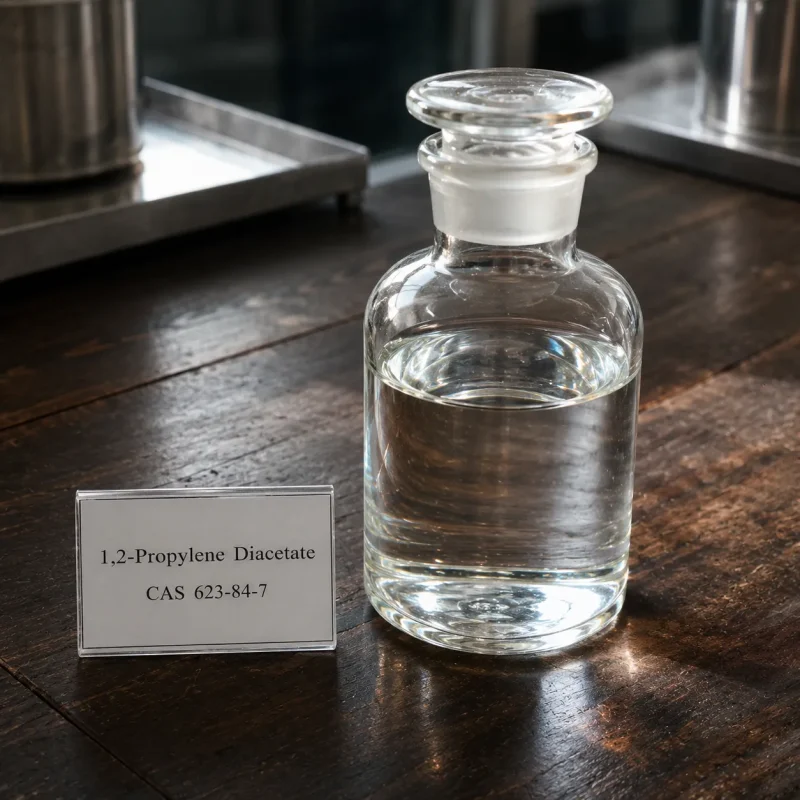 1-2-propylene-diacetate-cas-623-84-7-clear-liquid-sample-glass-bottle Clear colorless liquid sample of 1,2-Propylene Diacetate CAS 623-84-7 in a glass reagent bottle with ground glass stopper on a dark wooden table, next to a label showing chemical name and CAS number.