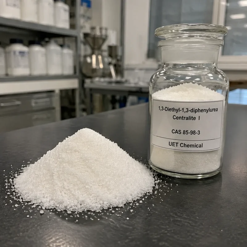 1-3-diethyl-1-3-diphenylurea-centralite-i-powder-sample White crystalline powder of 1,3-Diethyl-1,3-diphenylurea (Centralite I, CAS 85-98-3) displayed in glass reagent bottle and piled on black lab surface, UET Chemical brand sample for quality inspection