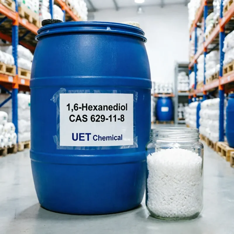 1-6-hexanediol-cas-629-11-8-blue-drum-packaging 1,6-Hexanediol CAS 629-11-8 white crystalline flakes in glass jar beside sealed blue drum with UET Chemical label