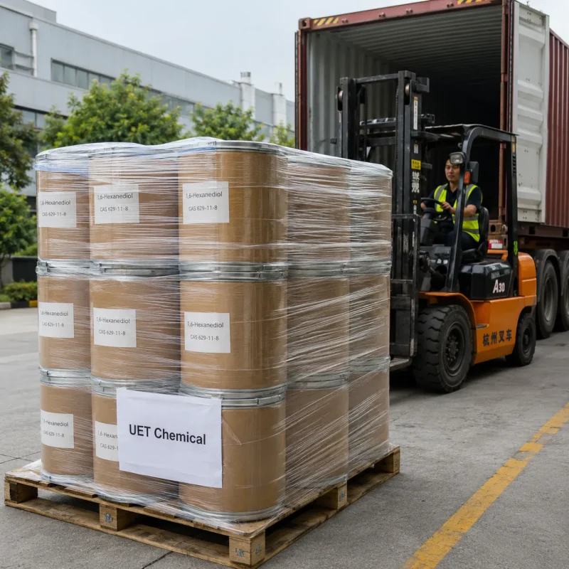 1-6-hexanediol-cas-629-11-8-container-loading-shipment UET Chemical forklift loading palletized 1,6-Hexanediol CAS 629-11-8 fiber drums into shipping container for export