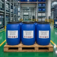 1-dodecanethiol-cas-112-55-0-blue-plastic-drums-on-pallet Multiple blue plastic drums of 1-Dodecanethiol CAS 112-55-0 arranged on a wooden pallet in a warehouse, each drum labeled with product name, CAS number, UET Chemical branding, and GHS hazard symbols.