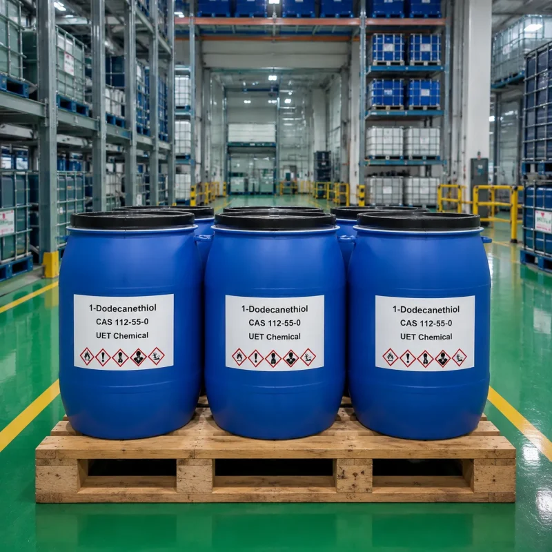 1-dodecanethiol-cas-112-55-0-blue-plastic-drums-on-pallet Multiple blue plastic drums of 1-Dodecanethiol CAS 112-55-0 arranged on a wooden pallet in a warehouse, each drum labeled with product name, CAS number, UET Chemical branding, and GHS hazard symbols.