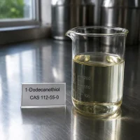 1-dodecanethiol-cas-112-55-0-pale-yellow-liquid-sample-beaker Pale yellow liquid sample of 1-Dodecanethiol CAS 112-55-0 in a glass beaker on a stainless steel lab bench, next to a label card with product name.