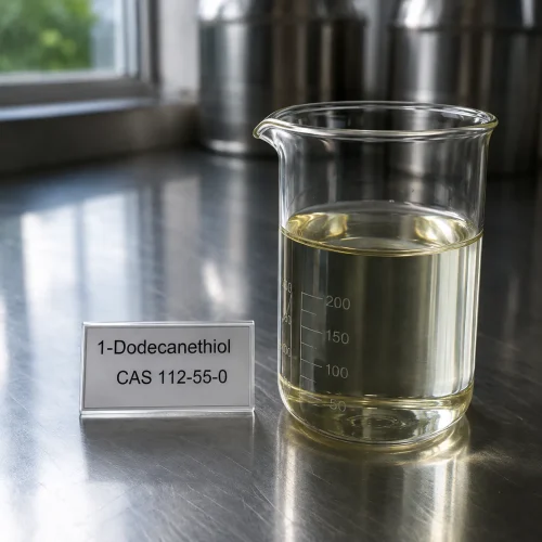 1-dodecanethiol-cas-112-55-0-pale-yellow-liquid-sample-beaker Pale yellow liquid sample of 1-Dodecanethiol CAS 112-55-0 in a glass beaker on a stainless steel lab bench, next to a label card with product name.