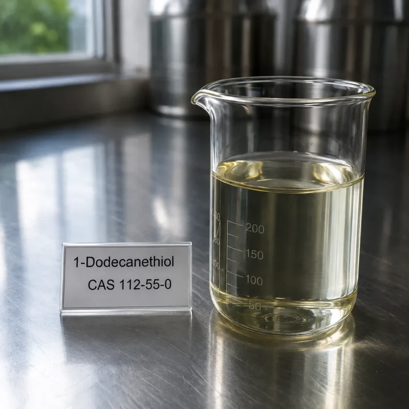 1-dodecanethiol-cas-112-55-0-pale-yellow-liquid-sample-beaker Pale yellow liquid sample of 1-Dodecanethiol CAS 112-55-0 in a glass beaker on a stainless steel lab bench, next to a label card with product name.