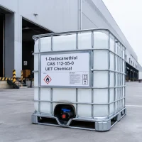 1-dodecanethiol-cas-112-55-0-white-ibc-tote-outside-factory White IBC tote of 1-Dodecanethiol CAS 112-55-0 with metal cage and discharge valve outside a factory loading dock, label displaying flammable liquid symbol.