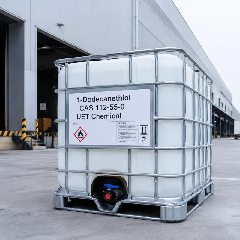 1-dodecanethiol-cas-112-55-0-white-ibc-tote-outside-factory White IBC tote of 1-Dodecanethiol CAS 112-55-0 with metal cage and discharge valve outside a factory loading dock, label displaying flammable liquid symbol.