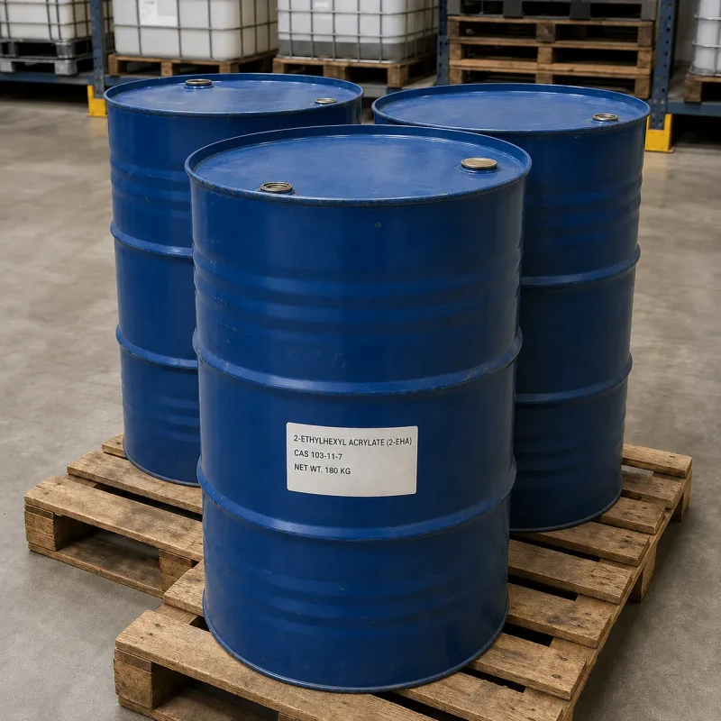 2-ethylhexyl-acrylate-cas-103-11-7-180kg-blue-drums-pallet 180kg blue steel drums of 2-Ethylhexyl Acrylate (2-EHA), CAS 103-11-7, packed on wooden pallets by UET Chemical